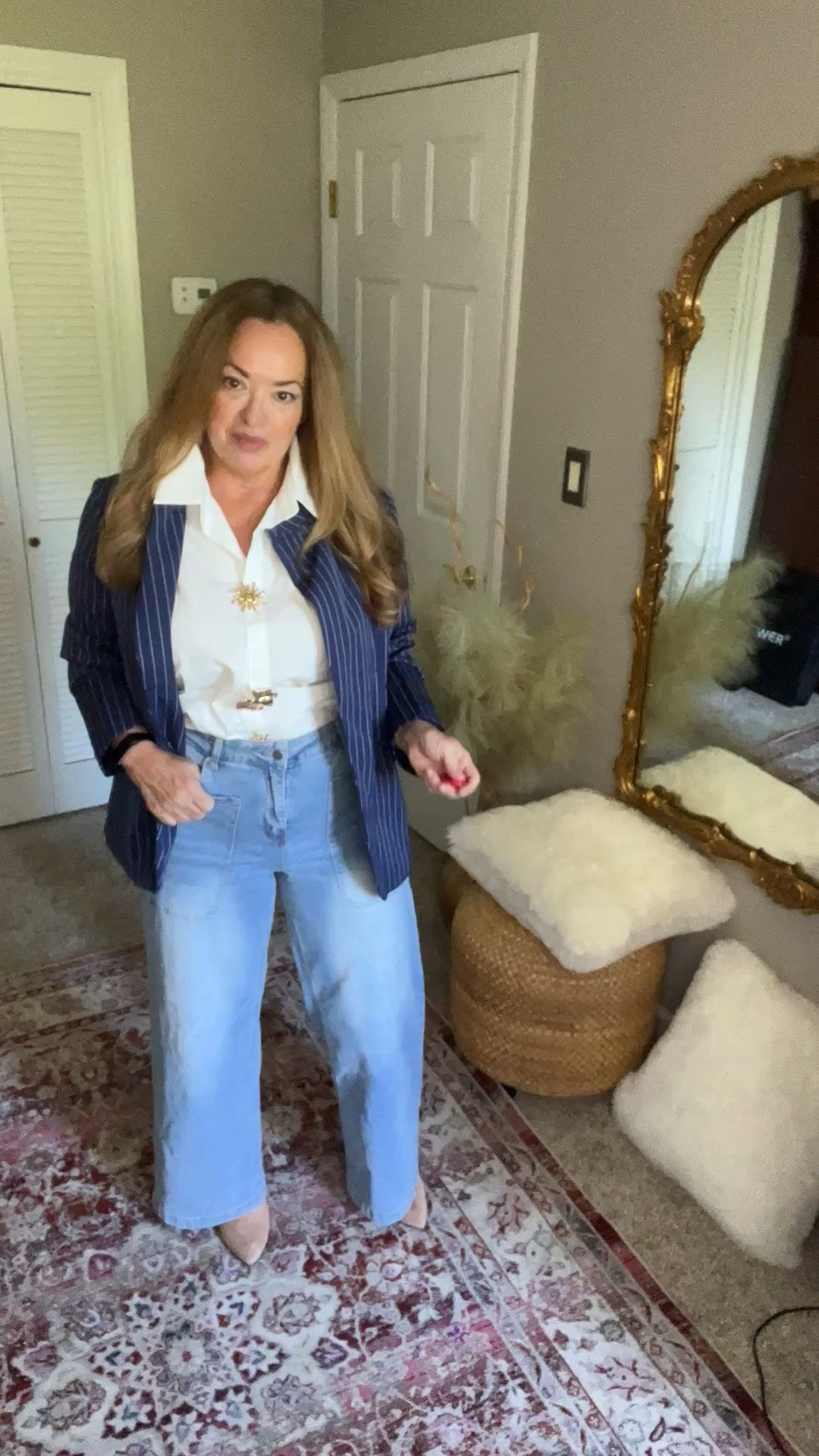 Updated Fall denim jeans with a flattering light blue silhouette. This pinstriped blazer will be a work horse in your wardrobe.

#LTKOver40 #LTKMidsize #LTKgrwm