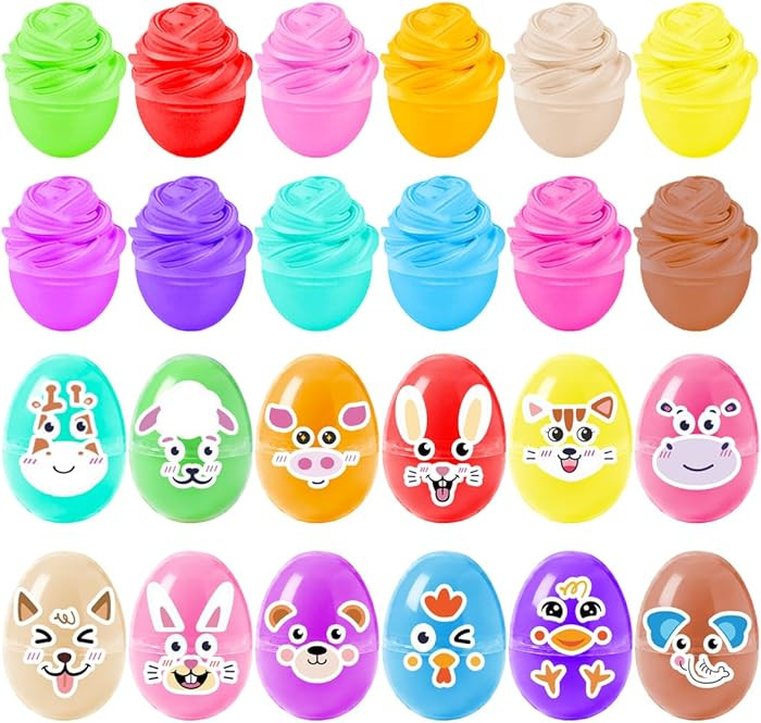 24 Pcs Easter Prefilled Eggs with Slime Toy for Easter Basket Stuffers, Playdough No-Sticky Squee... | Amazon (US)