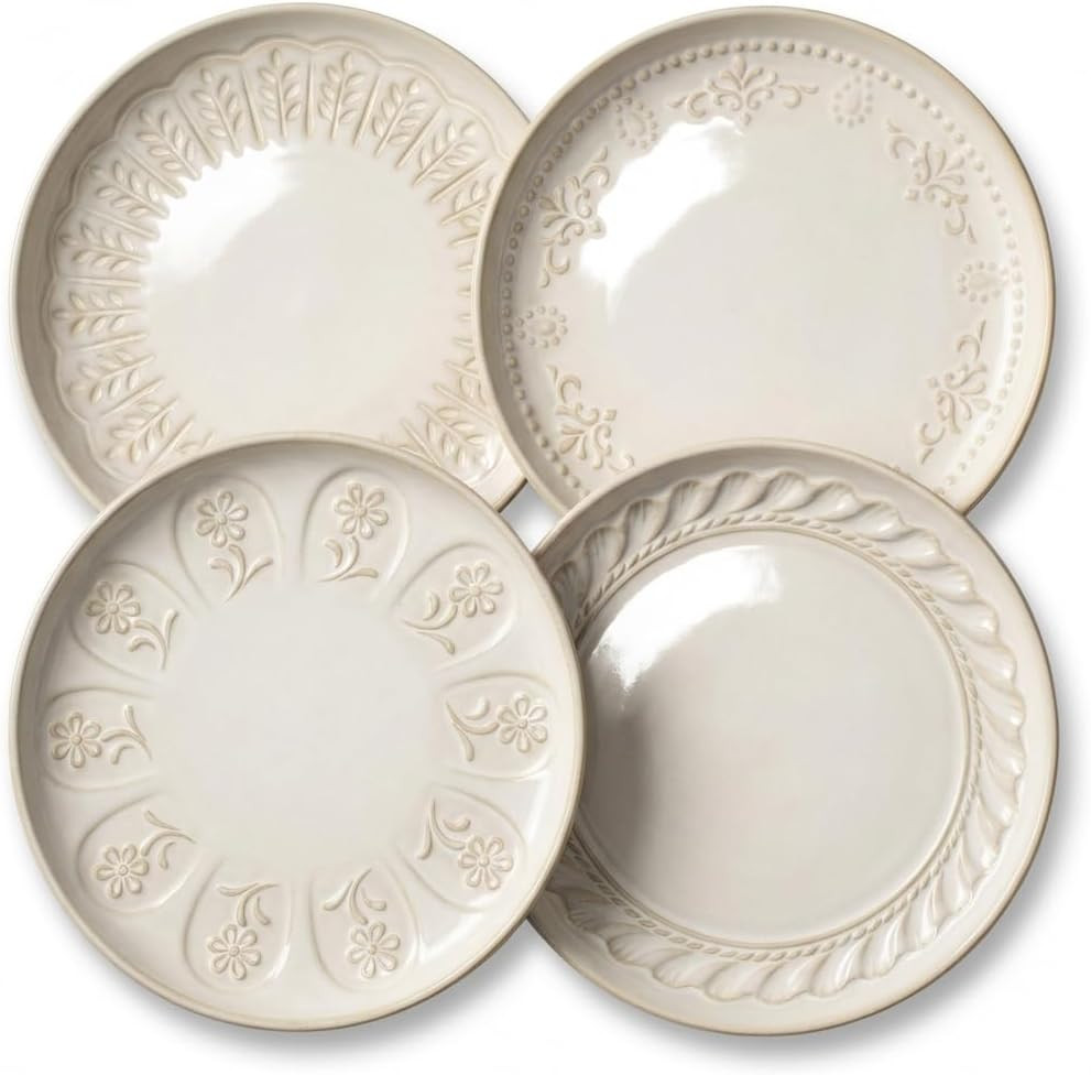 Salad Plates Set Of 4, 8.5 Inch Embossed Small Ceramic Dinner Plates for Appetizer Dessert, Kitchen Plates With Lipped Edges, Microwave Oven Dishwasher Safe (White, Multiple Patterns) | Amazon (US)