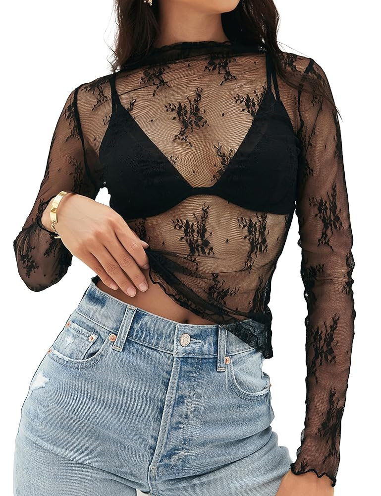 MEROKEETY Womens 2025 Lace Mesh Sheer Long Sleeve Top Sexy Y2k Mock Neck See Through Shirt Blouse... | Amazon (US)