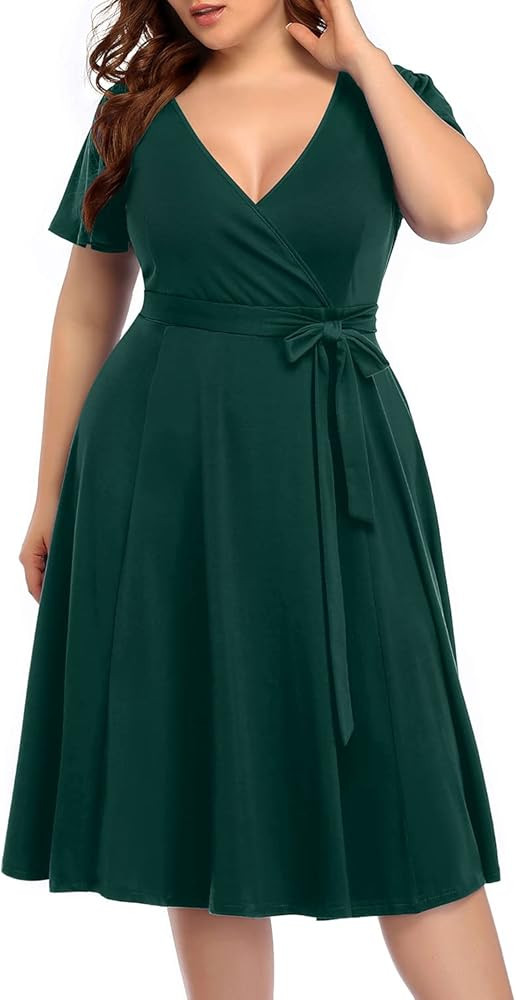Plus Size Wrap V Neck Midi Casual Wedding Guest Short Flutter Sleeve Summer Dress | Amazon (US)