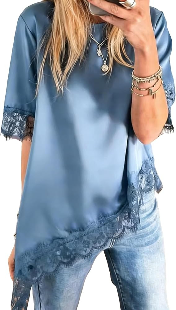 Apvirdy Satin Blouses for Women Asymmetric Hem Lace Shirt Lace Trim Short Sleeve Summer Top Crewn... | Amazon (US)