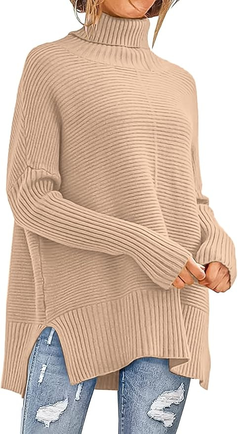 ANRABESS Womens Turtleneck Oversized Sweaters 2022 Fall Long Batwing Sleeve Spilt Hem Pullover Kn... | Amazon (US)
