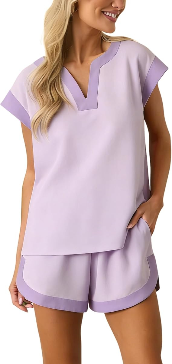 Gozoloma Women's V-Neck Color Block Short Set Short Sleeve T-Shirt and Shorts with Pockets Casual... | Amazon (US)