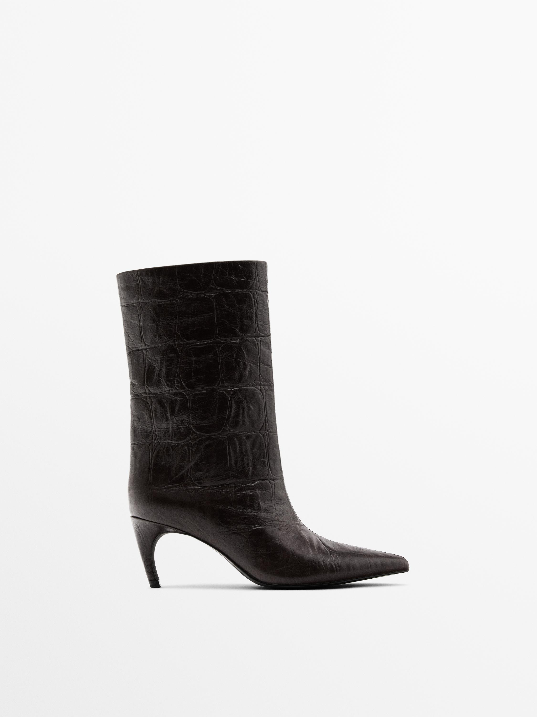 Embossed leather high-heel ankle boots | Massimo Dutti UK