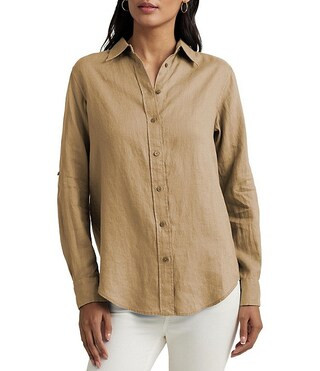 Point Collar Long Roll-Tab Sleeve Button Front Linen Shirt | Dillard's