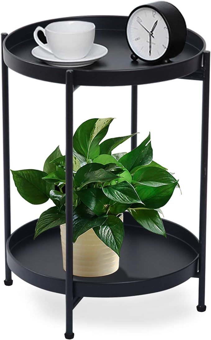 FUNME Black Folding End Table 2-Tier Metal Round Side Table with Removable Tray for Living Room,(... | Amazon (US)