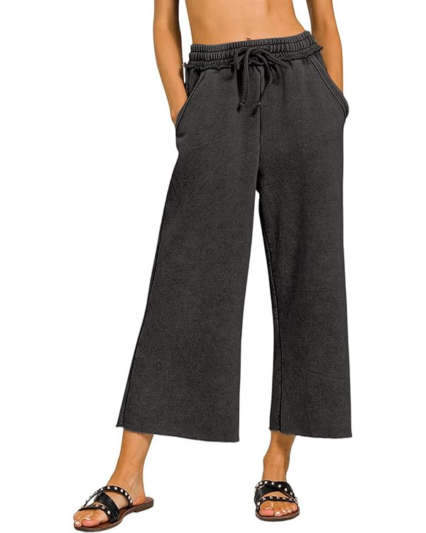 Womens Casual Wide Leg Pants High Waist Drawstring Crop Acid Wash Sweatpants Lounge Palazzo Pants... | Amazon (US)