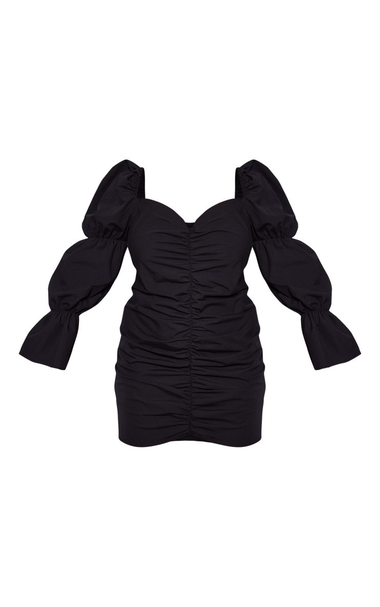 Plus Black Puff Sleeve Ruched Front Bodycon Dress | PrettyLittleThing US