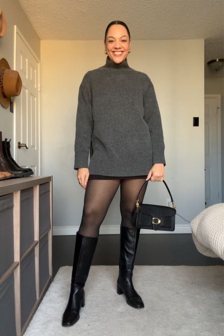 Winter outfit inspiration! Details below:

-Black mini skirt from Dynamite, I have a medium. 
-Grey mock neck sweater from H&M, I have a medium. 
-Black knee high leather boots from Madewell. Similar linked. 
-Black tights from H&M. 
-Coach tabby shoulder bag. 


#LTKSeasonal #LTKfindsunder100 #LTKstyletip