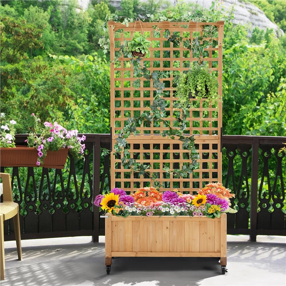 Yanine Handmade 75″ H Fir Wood Planter Box with Trellis and Wheels | Wayfair North America