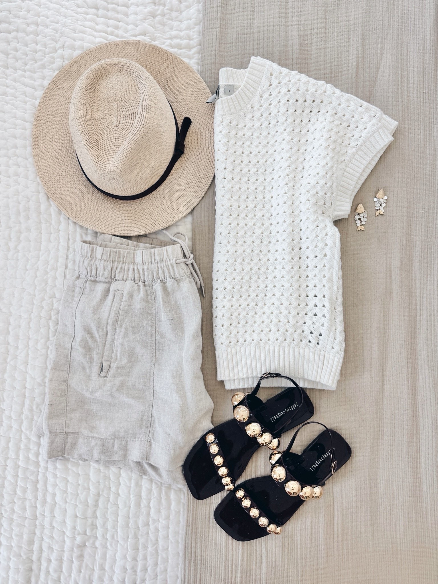 Vacation outfit. Summer outfit. I have size small in the shorts and knit top.  Sandals true to size. In and out of stock at different retailers. Also linking a pair about half the price.

#LTKootd #LTKgrwm #LTKTravel