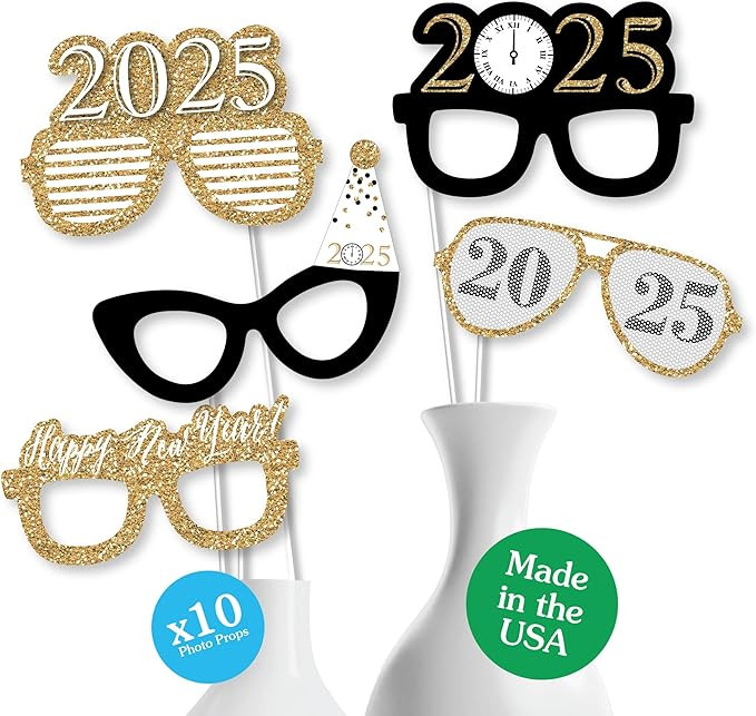Big Dot of Happiness Gold New Year's Eve Photo Booth Props, 2025 Glasses and Masks, Paper Card St... | Amazon (US)