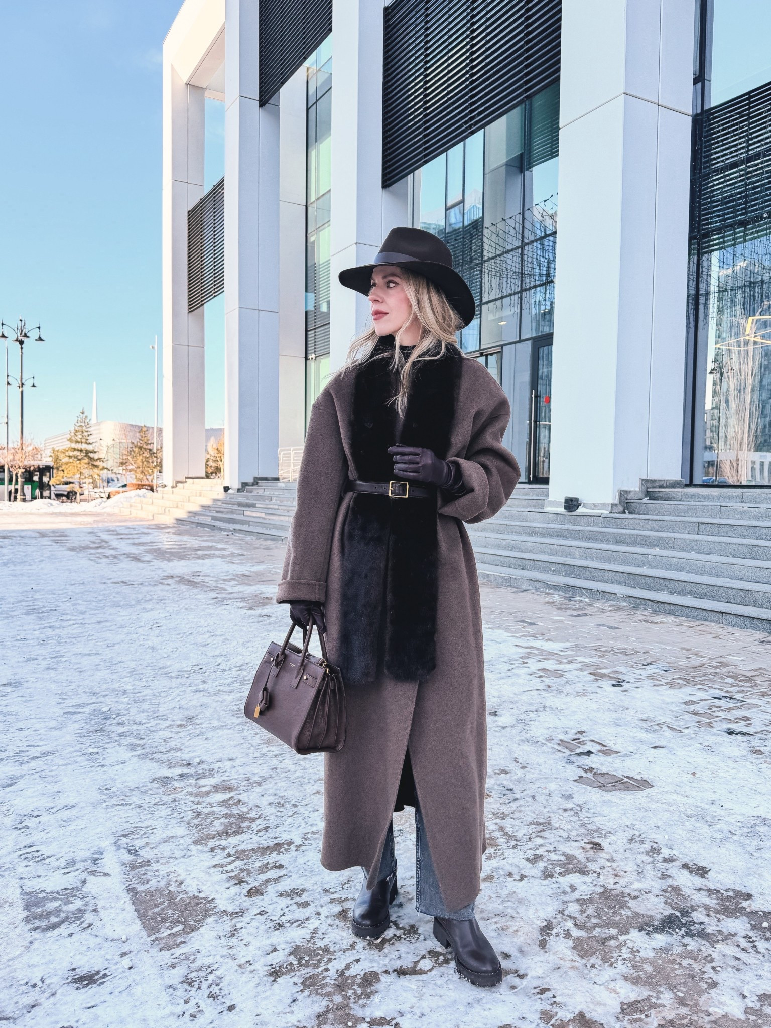 Dark brown wool coat, fur scarf, chocolate brown leather belt, Zara jeans, dark brown lug sole boots, classic winter style 

#LTKOver40 #LTKSeasonal #LTKSaleAlert