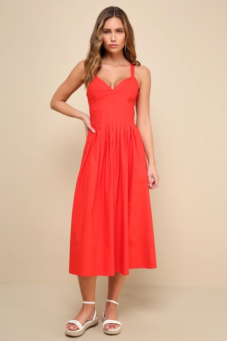 Strolling Sicily Red Pleated Backless Midi Dress With Pockets | Lulus