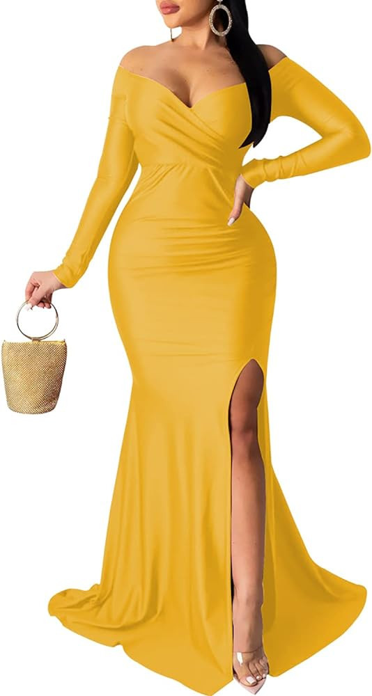 Sexy Formal Dress for Women Ruched Off Shoulder Club Cocktail Bodycon Evening Gown Maxi Long Dres... | Amazon (US)