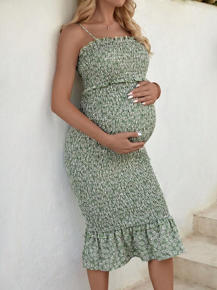 SHEIN Maternity Floral Shirred Spaghetti Strap Dress | SHEIN