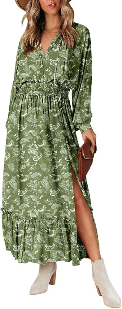 BLENCOT Women's Long Sleeve Wrap Dress V Neck Boho Floral High Waist Flowy Ruffle Split Maxi Dres... | Amazon (US)