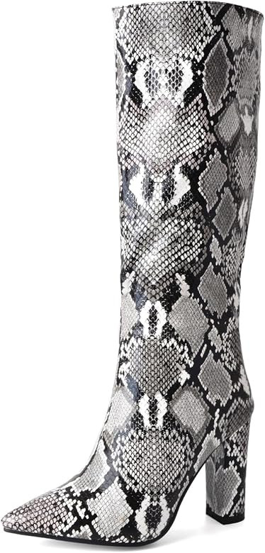 SHEMEE Women's Colorful Snakeskin Knee High Boot Chunky Block High Heels Snake Print Round Toe Zi... | Amazon (US)