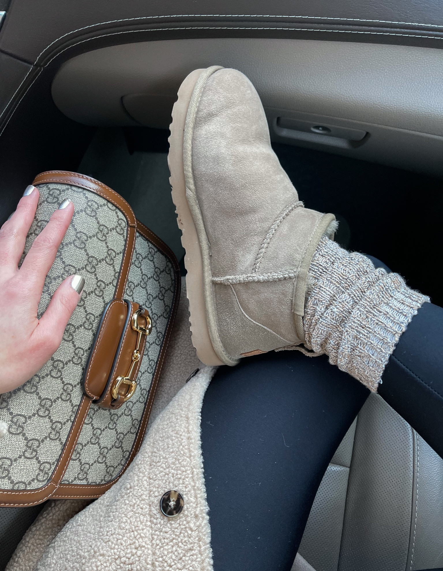 Ugg ultra mini boots (color is ‘antelope’), Gucci horsebit bag, fleece-lined leggings, Amazon wool crew socks 

#LTKunder50 #LTKshoecrush #LTKitbag