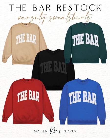 The bar sweatshirts have been restocked - the bar - varsity sweatshirts - restock alert 

#LTKFind #LTKstyletip #LTKSeasonal