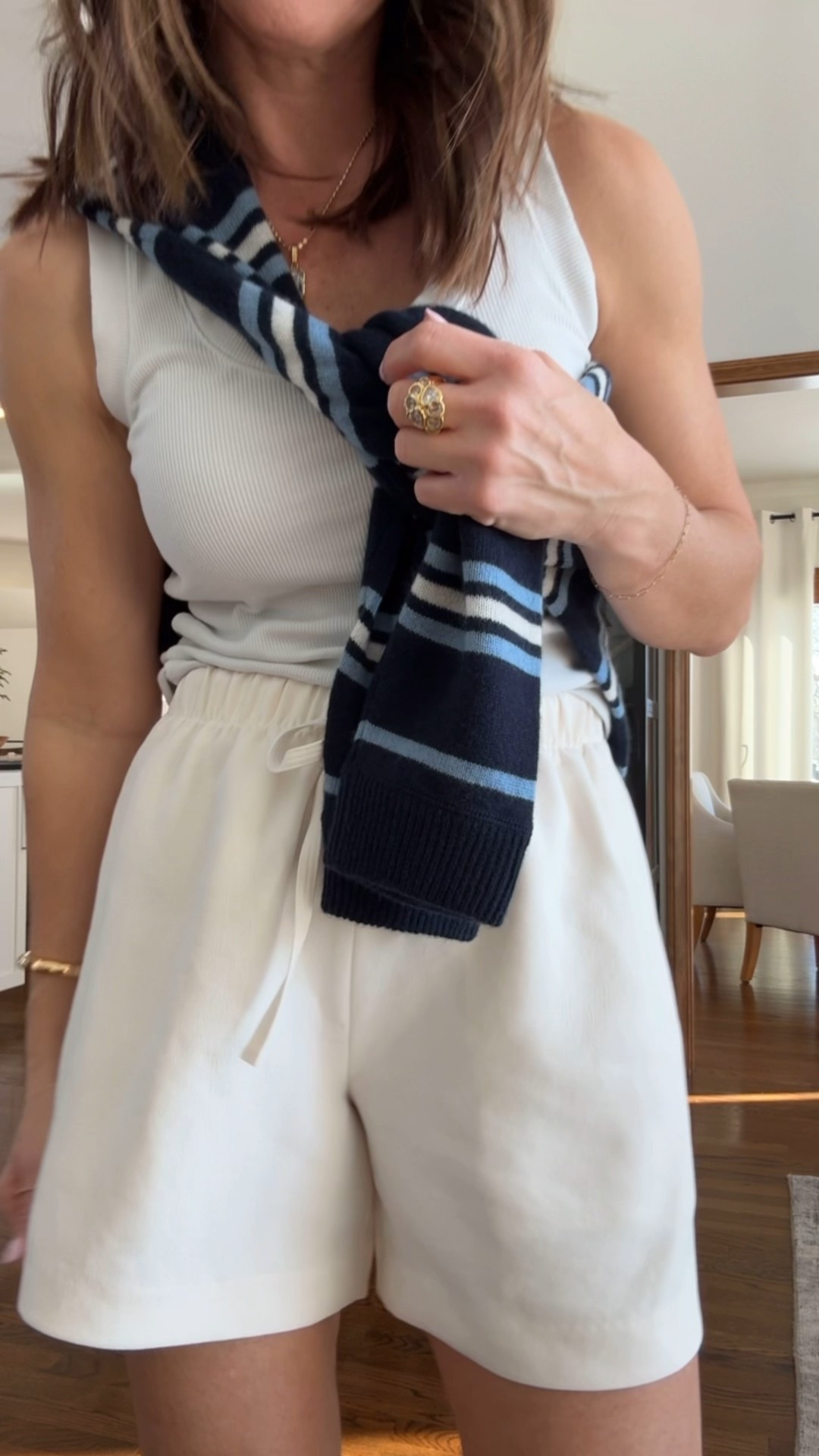 Wore these cute shorts today to the pool. A fabulous fit to dress up too. 
Size small 
Small stripe sweater 

#LTKootd #LTKmomlife