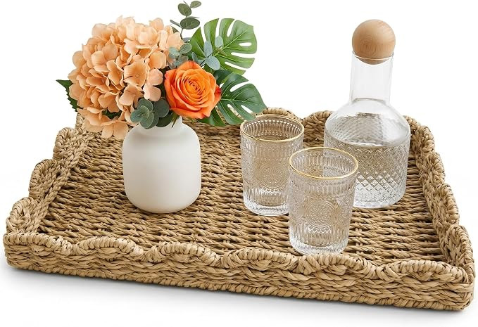 Rectangular Wicker Tray for Decor 15x10 in, Handwoven Seagrass Rattan Tray with Scalloped Edge fo... | Amazon (US)