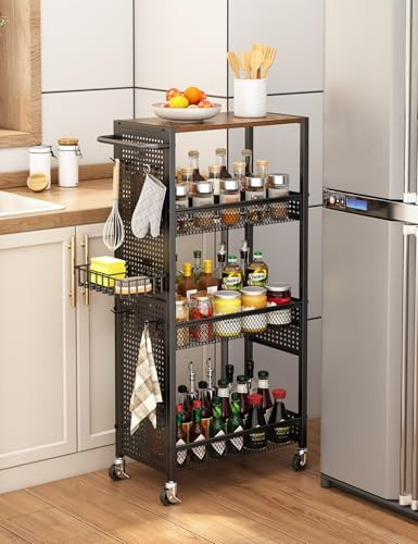 Fovkdcvw slim 4 tier narrow metal and wood rolling storage cart