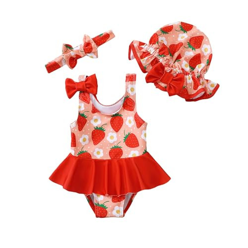 Toddler Girl One Pieces Swimsuit Red Bathing Suit Girls Strap Strawberry Swimsuit Beach Swimwear Baby Ruffled Red Bathing Suit for Girl 2T 3T | Amazon (US)