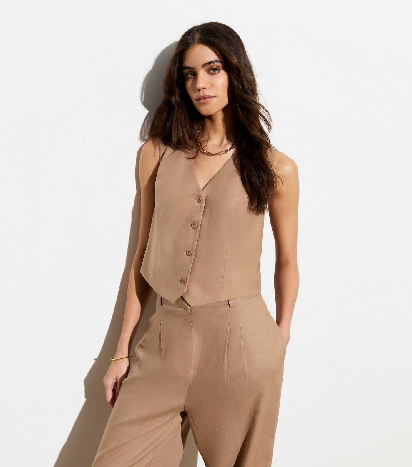 Light Brown Linen Blend Button Front Waistcoat | New Look | New Look (UK)
