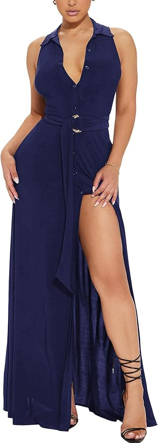 Women's Deep V Neck Long Dresses Sleeveless Collared Button Down High Split Cocktail Wedding Part... | Amazon (US)