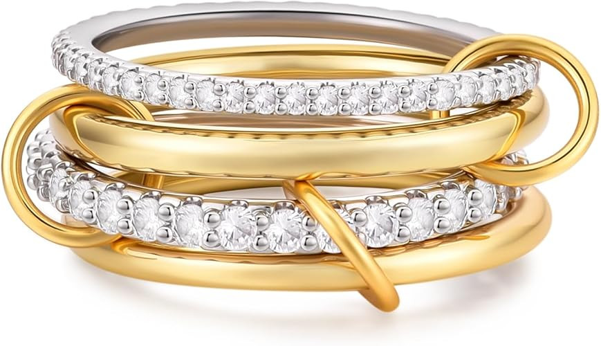 14K Gold Plated Interlocked Stackable Rings for Women Non Tarnish,Gold and Silver Cubic Zirconia ... | Amazon (US)