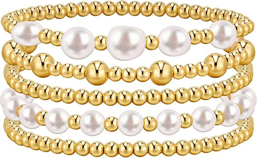 Gold Bracelets for Women Beaded Bracelet 14K Gold Plated Bracelet Stack Strand Stretch Bead Ball ... | Amazon (US)