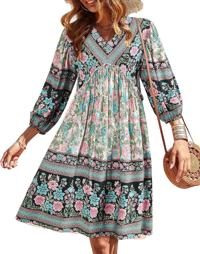 BTFBM Women Casual Spring Summer Dresses V Neck 3/4 Long Sleeve Ruffle Floral Flowy Boho Babydoll... | Amazon (US)