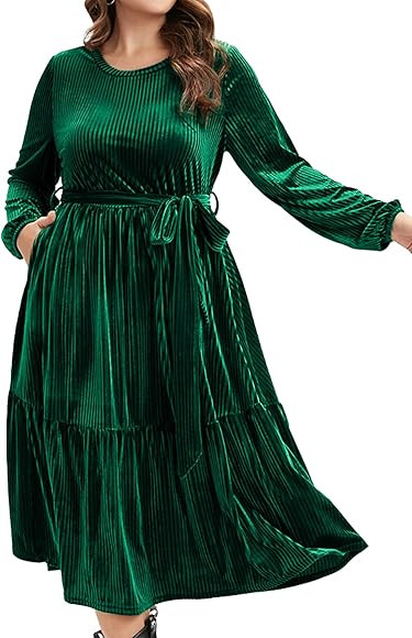 BerryGo Women's Plus Size Long Sleeve Velvet Midi Dress Casual Velour Crew Neck A Line Tiered Dre... | Amazon (US)