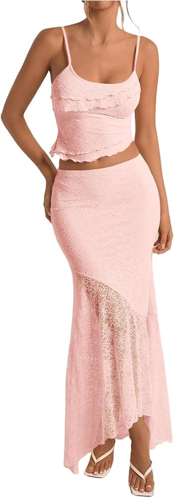 Milumia Women's 2 Piece Outfits Ruffle Trim Cami Crop Top and Low Rise Maxi Skirt Set | Amazon (US)