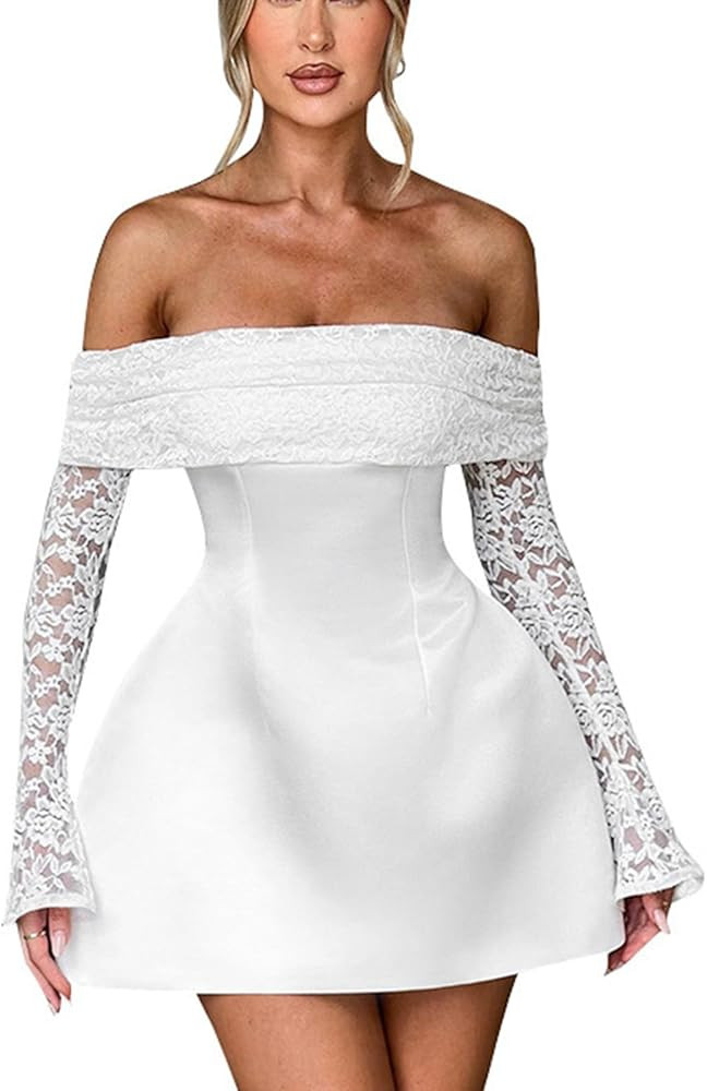Off Shoulder Dress for Women Slim Fit Mini Going Out Sexy Zipper Lace Long Sleeve Homecoming Shor... | Amazon (US)