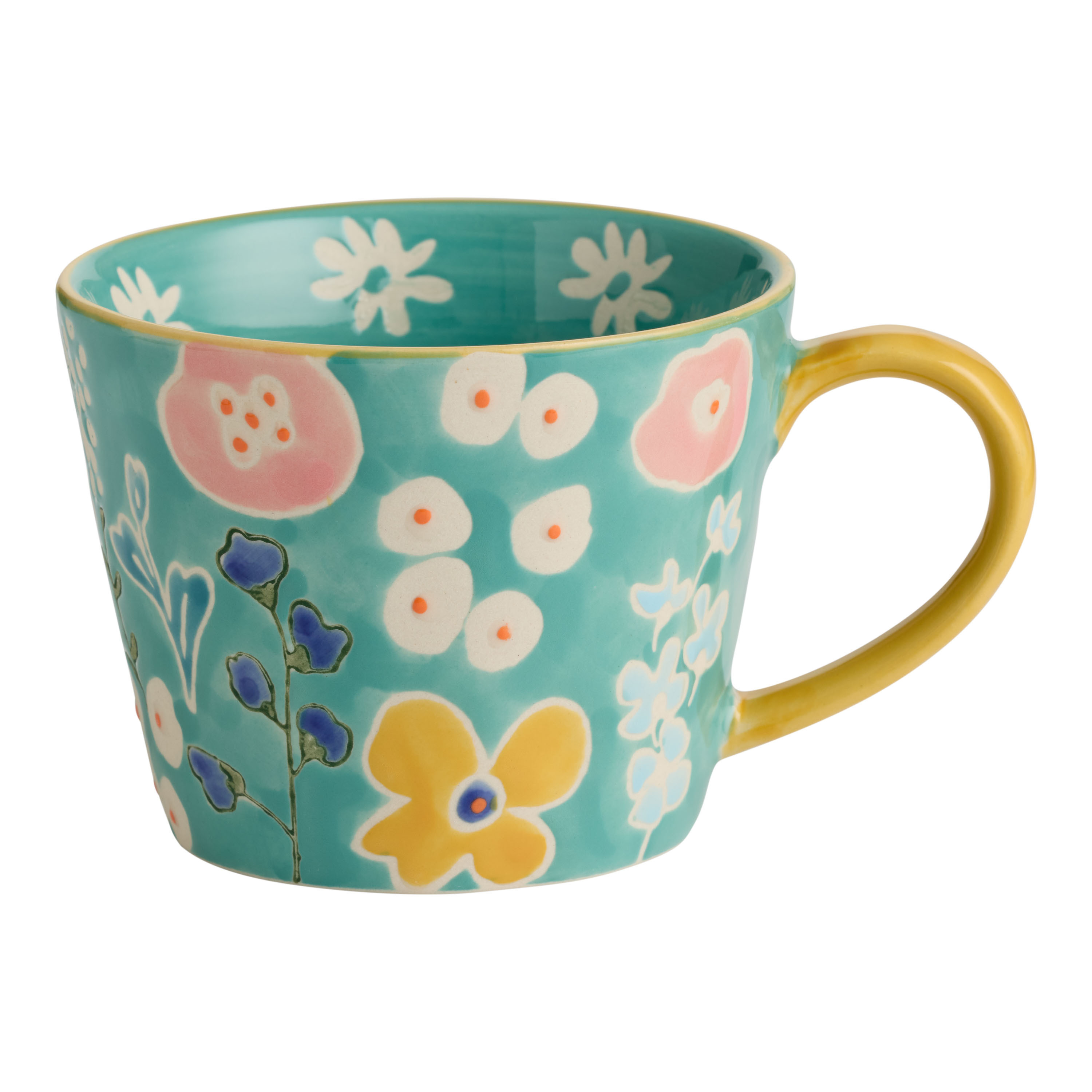 Teal and Yellow Floral Dot Hand Painted Ceramic Mug | World Market