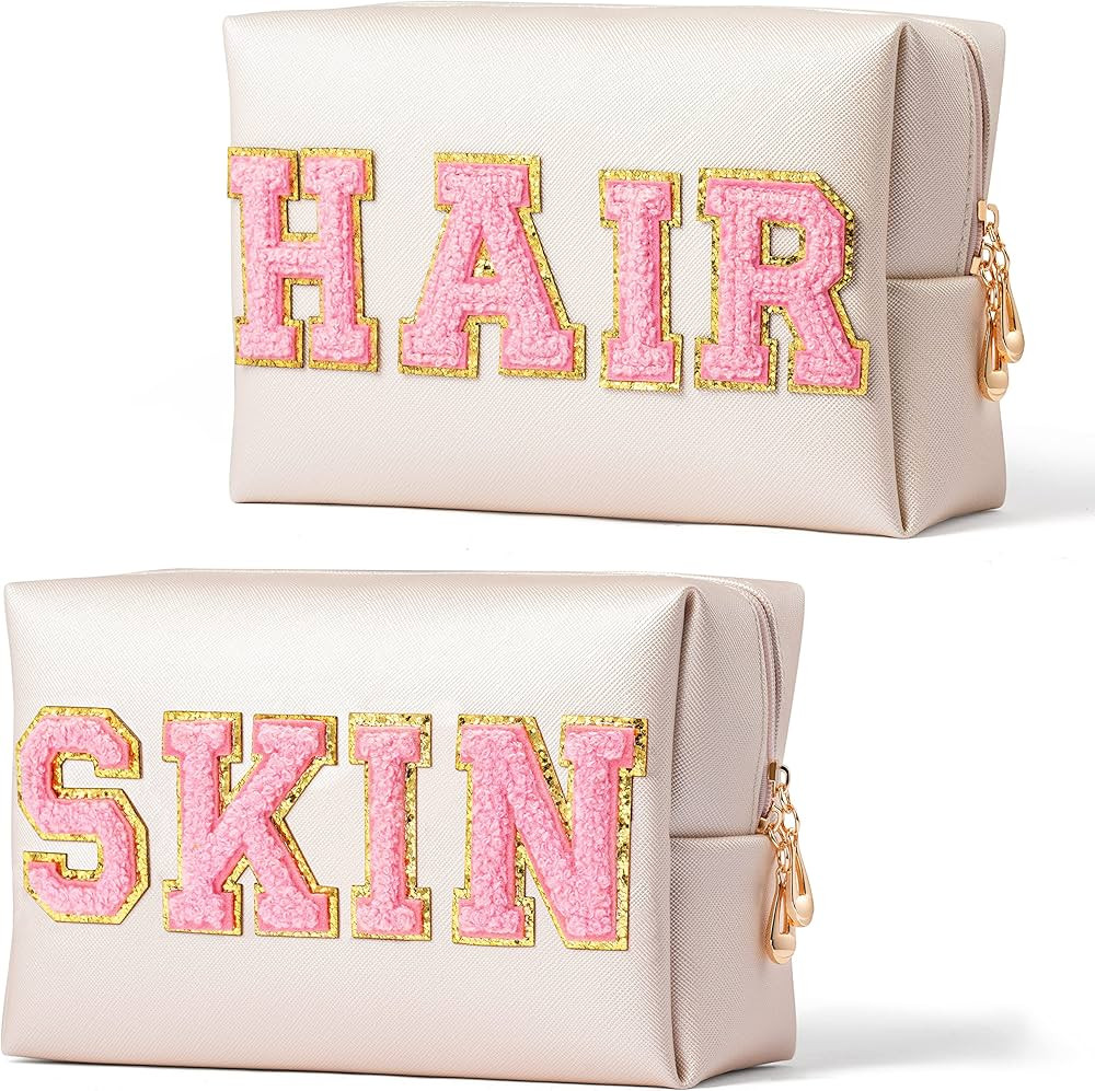 Y1tvei 2Pcs Preppy Patch SKIN HAIR Varsity Letter Cosmetic Toiletry Bag Pink Letter Makeup Bag Zi... | Amazon (US)