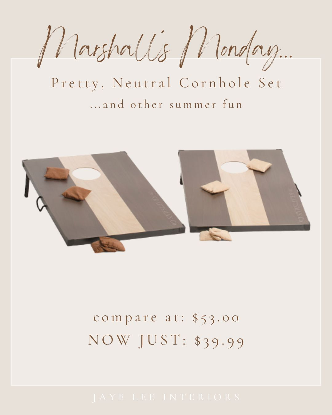 With warm summer nights and backyard barbeques around the corner, now's the time to stock up on outdoor fun! It can be a challenge to find neutral, outdoor games to compliment the aesthetic of your yard, but Homegoods, Marshall's and TJ Maxx have quite a few winners in stock right now. 

Here are my top picks!

#MarshallsMonday, neutral yard games, aesthetic cornhole, patio games, backyard project, outdoor fun, summer games, outdoor entertaining, backyard bbq, Memorial Day, backyard parties, jenga, connect four, gifts for dad, Father's Day gift guide, 

 

 

#LTKGiftGuide #LTKHome #LTKParties