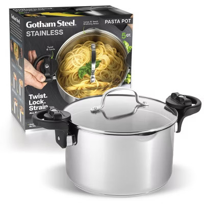 Gotham Steel Stainless Steel Pasta Pot with Built-In Strainer and Locking Handles – Twist, Drain & Serve Multi-Purpose Stock Pot | Target