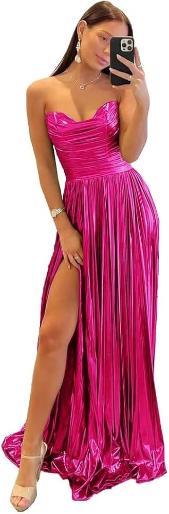Strapless Sweetheart Mermaid Prom Dresses Long Satin Pleated Split A-Line Formal Evening Party Go... | Amazon (US)