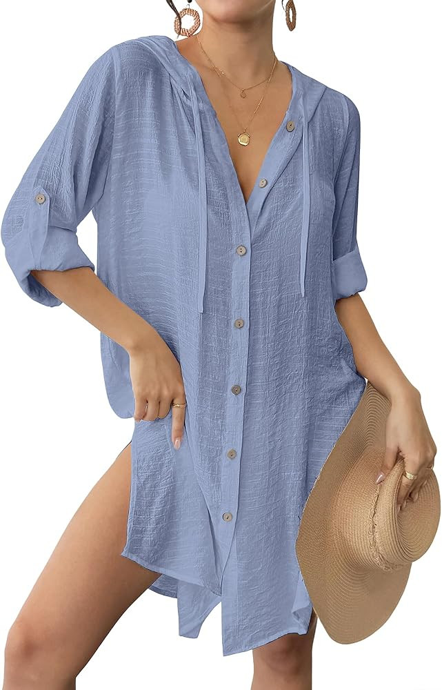 Bsubseach Bathing Suit Cover Up for Women Long Sleeve Swimsuit Coverup Sheer Dresses Button Down ... | Amazon (US)
