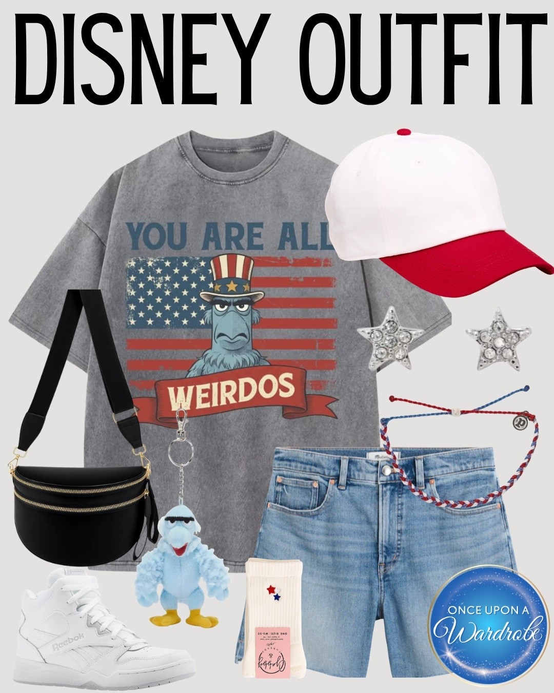 A Muppets Disney outfit for women inspired by Sam the Eagle 🇺🇸 This patriotic Disney World outfit is perfect for EPCOT, Hollywood Studios, Muppets fans, 4th of July at Disney, or a summer Disney park day. Style this Sam the Eagle graphic tee with denim shorts, white sneakers, a baseball cap, star earrings, and a crossbody bag for an easy red, white, and blue theme park outfit.

#LTKootd #LTKSeasonal #LTKTravel