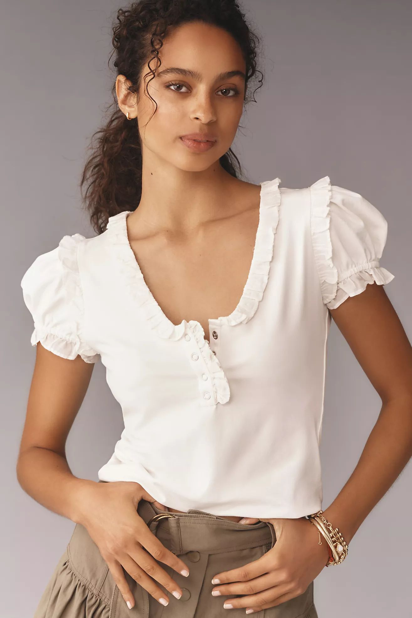 Maeve Puff-Sleeve Ruffle Henley Tee | Anthropologie (US)