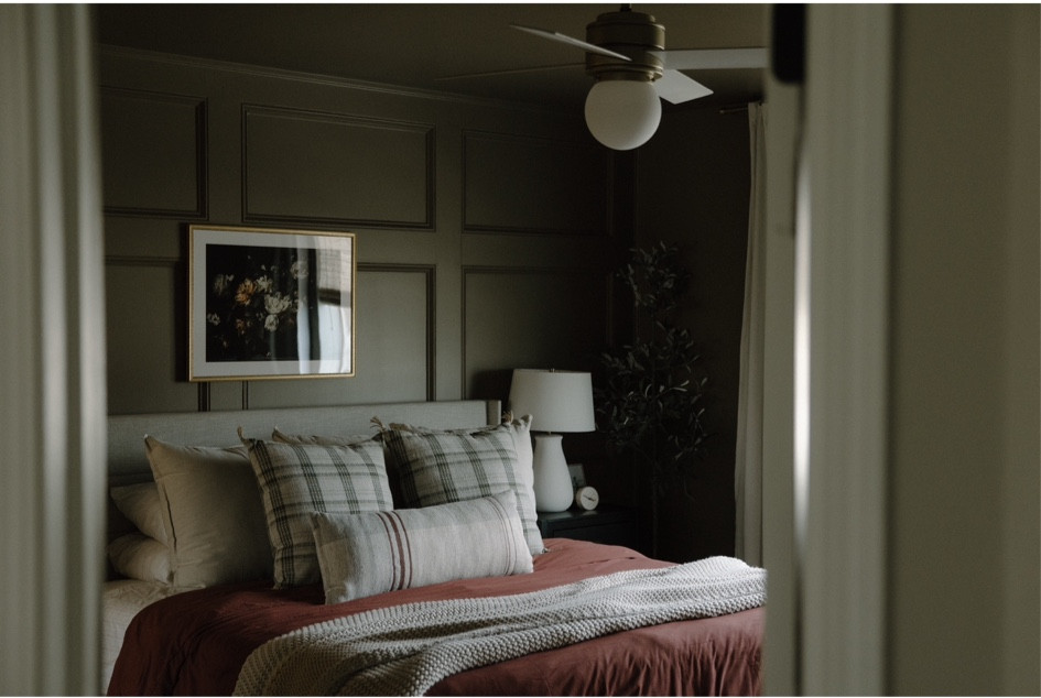 Burgundy duvet, brown bedroom, amber Lewis x Loloi rug in moss/salmon, casaluna throw, throw pillows, plaid pillow, white ceramic lamp, black nightstand, coffee table books, McGee & co ceramic lamp, wall art, layered bedding, modern ceiling fan, home decor, brass picture frame, wall moulding 

#LTKhome #LTKstyletip