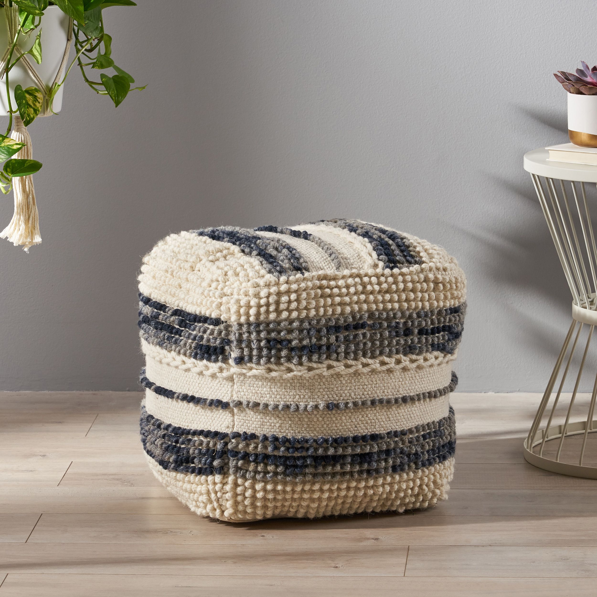 Noble House Leonardo Contemporary Wool and Cotton Pouf Ottoman, White, Blue | Walmart (US)