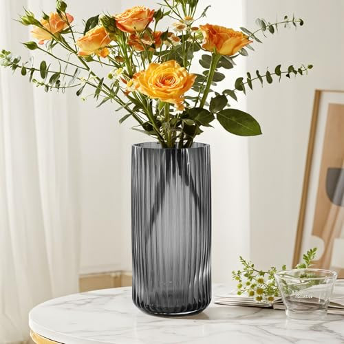 GarDream Modern Glass Vase 10 Inch Tall Grey Vases for Flowers-Thick Glass Cylinder Ribbed Vases for Bouquet, Table, Kitchen Shelf, Countertop, Decorative Flower Vase for Home Decor Living Room | Amazon (US)