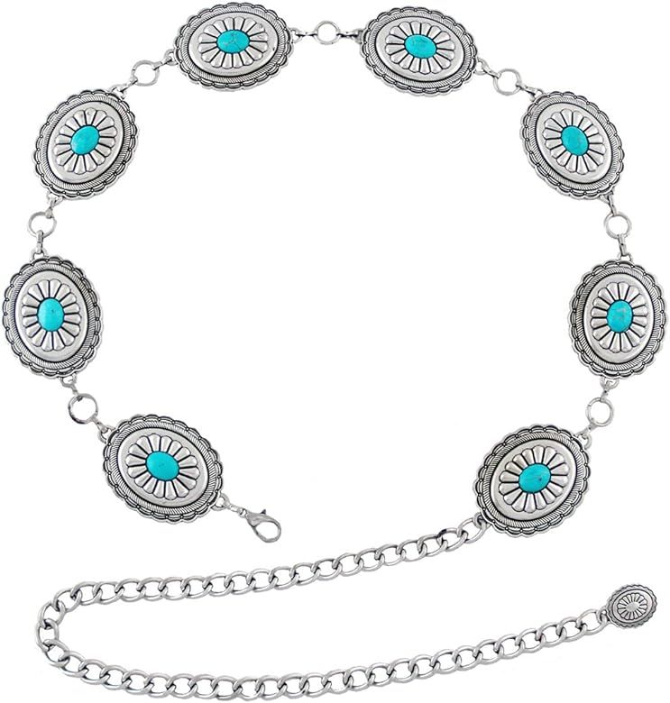 BEMYLV Western Metal Concho Chain Belts for Women Turquoise Flower Cowgirl Belt for Dresses Jeans | Amazon (US)