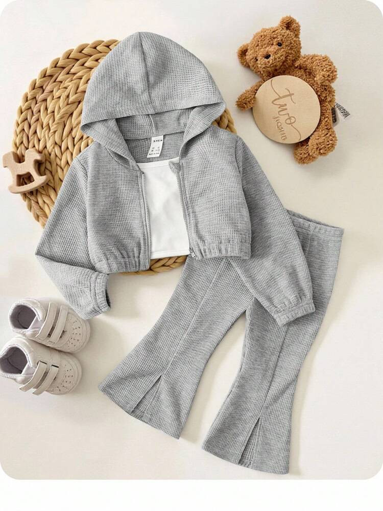 Baby Girl 1pc Waffle Knit Hooded Jacket & 1pc Slit Hem Flare Leg Pants | SHEIN